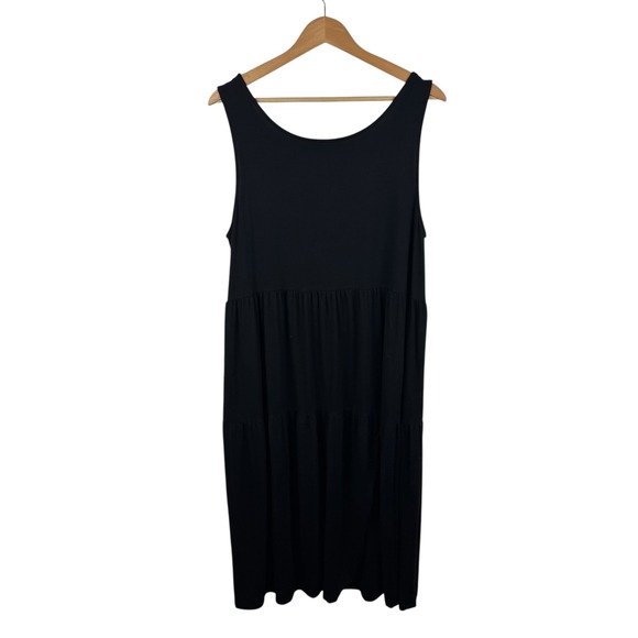 Eileen Fisher Sleeveless Tiered Midi Dress Large Black Minimalist Stretch‎ Soft - Picture 2 of 6